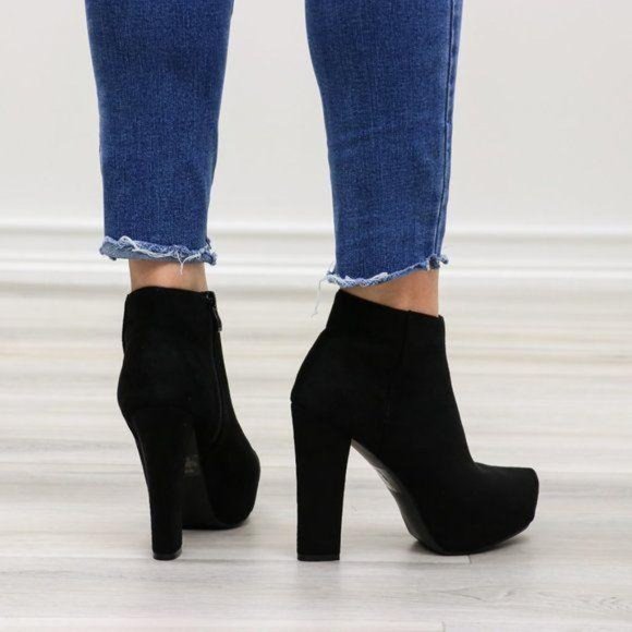 Platform Black Suede Ankle Heeled Booties - Picture 6 of 12